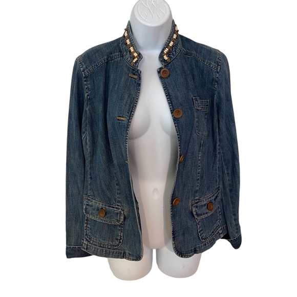 SIGRID OLSEN BOHO DENIM JACKET STRUCTURED WITH WOOD BEADS EMBROIDERED SIZE SMALL - Picture 4 of 16